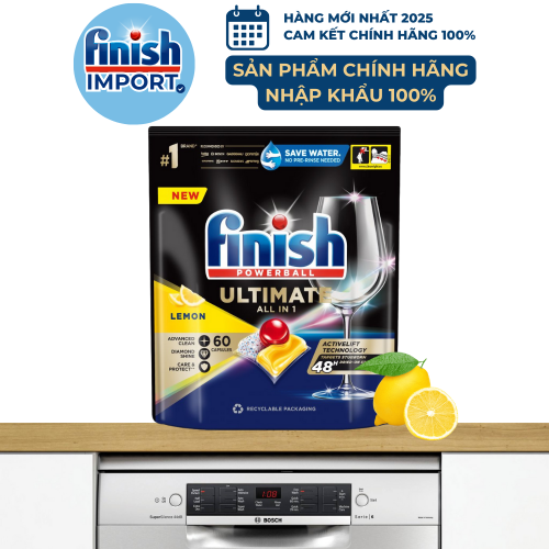 Túi 60 viên Finish Quantum Ultimate hương chanh 2024, siêu cao cấp, 16 tính năng/viên, dành cho máy rửa chén 13-15 bộ